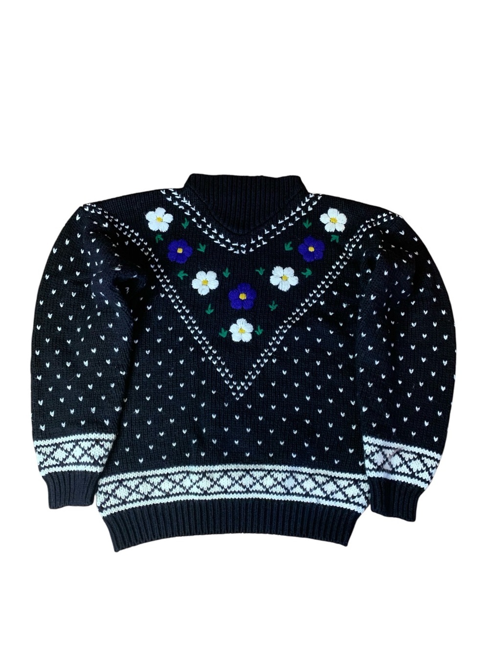 Vintage Ice Fire International Floral Knit Sweater Mock Neck Black 80s 90s Large